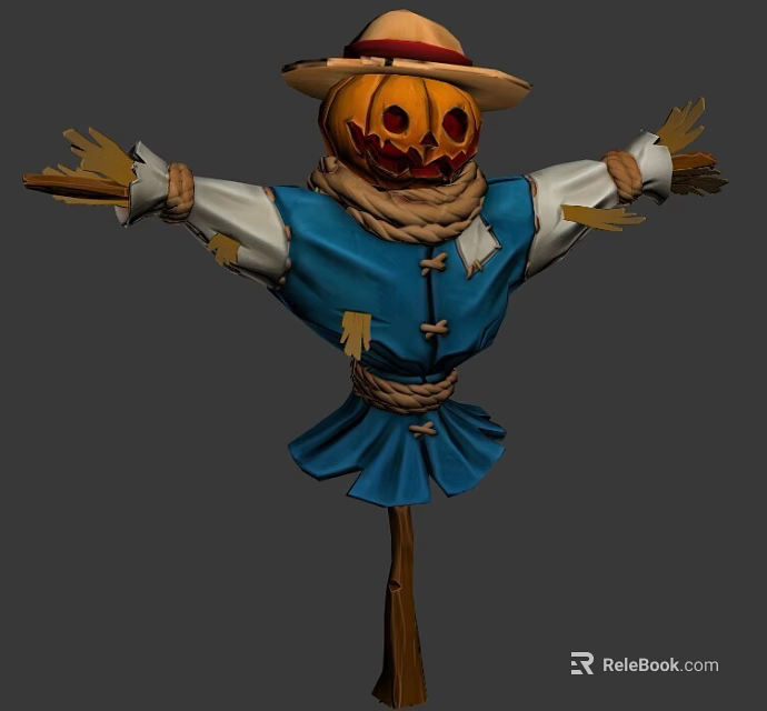 Scarecrow Game Movie Character With Pumpkin Head Blue Outfit Straw Arms Ragged Details 3d model 