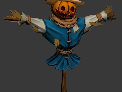 Scarecrow Game Movie Character With Pumpkin Head Blue Outfit Straw Arms Ragged Details 3d model