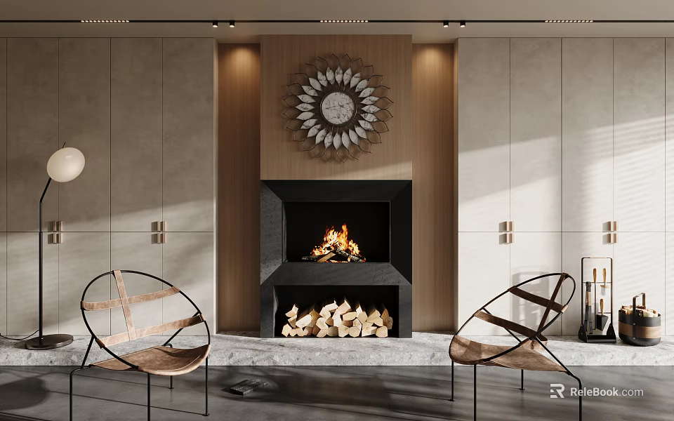 Modern Fireplace Interior With Burning Fire Stacked Wood Logs Stylish Chairs And Circular Wall Decor 3d model 