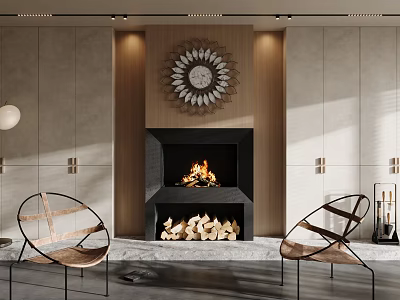 Modern Fireplace Interior With Burning Fire Stacked Wood Logs Stylish Chairs And Circular Wall Decor 3d model