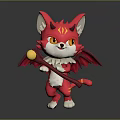 Cute Cartoon Red Horned Winged Cat Creature With Striped Tail Holding Staff With Yellow Ball