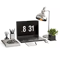 Modern Workspace Accessories Including Laptop Showing 8 31 Time Desk Lamp Potted Plant And Notebooks