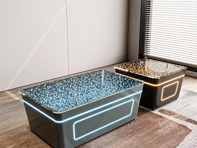 Modern Glass Coffee Tables with Blue and Gold LED Lights in Living Room Interior 3d model