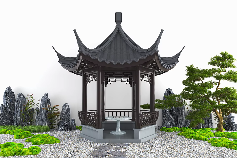 Traditional Chinese Garden Pavilion With Black Roof Green Plants And Stone Path 3d model 