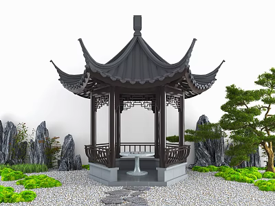 Traditional Chinese Garden Pavilion With Black Roof Green Plants And Stone Path 3d model
