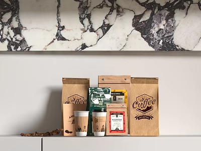 Coffee Paper Bags With Cups Beans And Packaging On White Counter 3d model