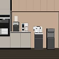 Modern Kitchen Interior With Essential Appliances Including Oven Water Dispenser And Coffee Machine