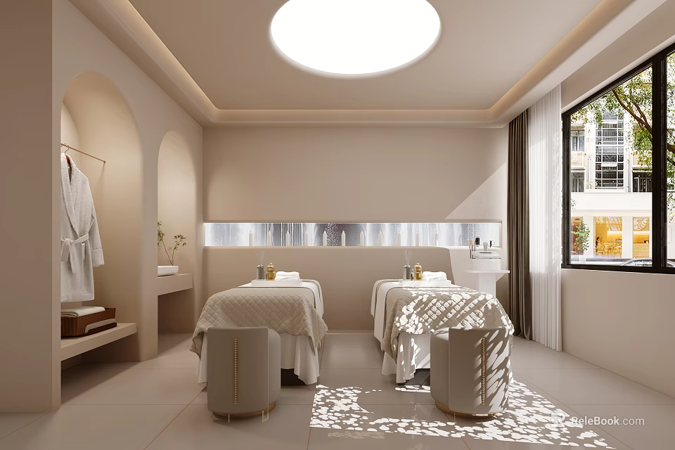 Cozy Beauty Salon Interior With Massage Beds White Beige Tones Natural Light Windows And Plants 3d model 