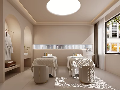 Cozy Beauty Salon Interior With Massage Beds White Beige Tones Natural Light Windows And Plants 3d model