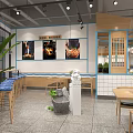 Modern Restaurant Interior With Open Layout Bamboo Structure Green Pendant Lights And Geometric Floor Tiles