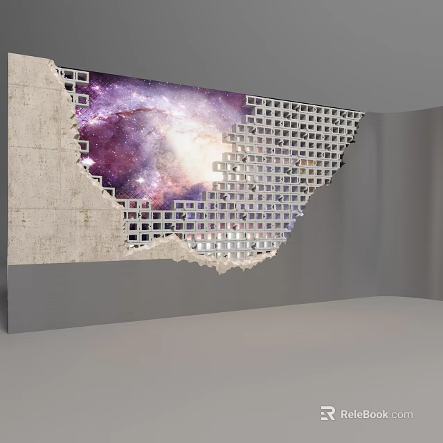 Architectural Exterior Wall With Damaged Grid Pattern And Starry Sky Background 3d model 