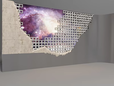 Architectural Exterior Wall With Damaged Grid Pattern And Starry Sky Background 3d model