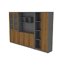 Wooden Bookcase Design With Glass Door Cabinets Open Shelves Gray Panel And Storage