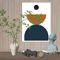 Decorative Ornament Set Including Green Plant White Vase Black Rhino Figurine and Geometric Wall Art