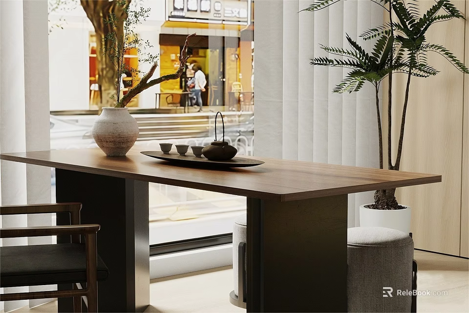 Cozy Tea Room Interior With Long Wooden Table Tea Set And Potted Plant By Window 3d model 