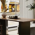 Cozy Tea Room Interior With Long Wooden Table Tea Set And Potted Plant By Window