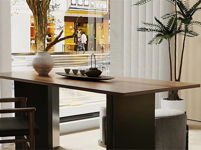 Cozy Tea Room Interior With Long Wooden Table Tea Set And Potted Plant By Window 3d model