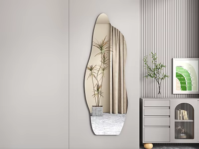 Irregular Shaped Mirror Reflects Potted Plant In Minimalist Room 3d model