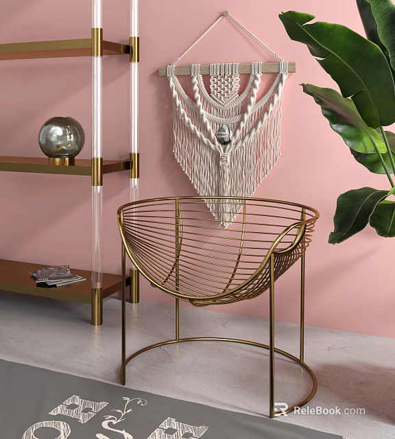 Leisure Chair with Golden Metal Frame against Pink Wall White Macramé Hanging and Green Plant 3d model 