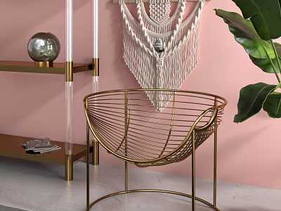 Leisure Chair with Golden Metal Frame against Pink Wall White Macramé Hanging and Green Plant 3d model