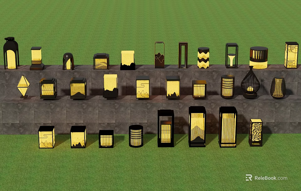 Various Outdoor Lights With Different Designs Displayed On Green Grass And Stone Slab 3d model 