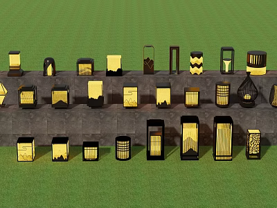 Various Outdoor Lights With Different Designs Displayed On Green Grass And Stone Slab 3d model