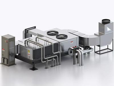 Industrial Equipment System With Cooling Towers Connected Pipes And Ventilation Units 3d model