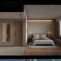 Hotel Room Interior With Modern Wooden Furniture TV Vanity Wardrobe And Mini Fridge