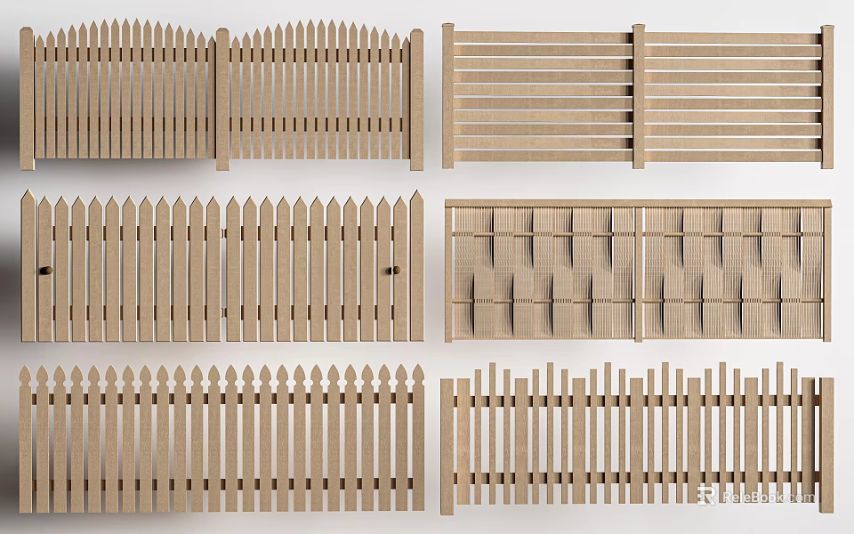 Wooden Railings With Various Designs Including Pointed Tops Flat Panels And Grid Patterns 3d model 