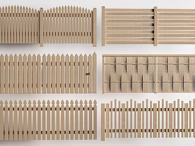 Wooden Railings With Various Designs Including Pointed Tops Flat Panels And Grid Patterns 3d model