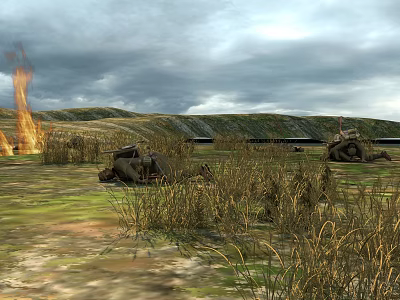 Cartoon Scene of Wilderness With Flames Fallen Characters Grassland And Cloudy Sky 3d model