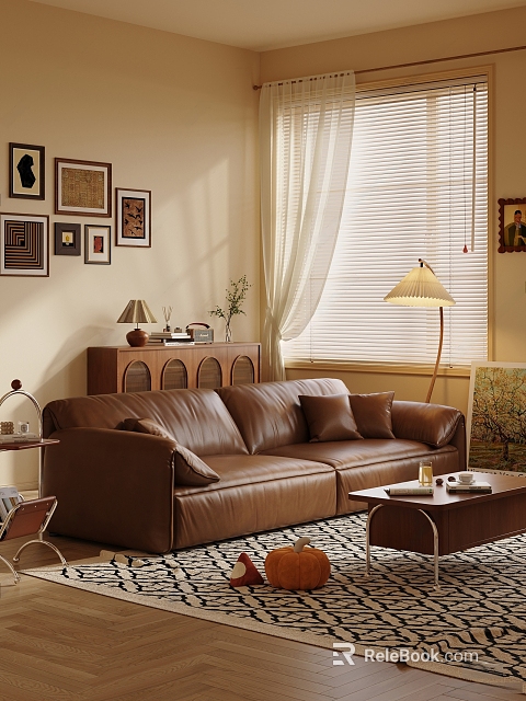 Warm Living Room Interior Design With Brown Leather Sofa Framed Paintings And Floor Lamp 3d model 