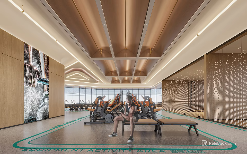 Modern Fitness Gym Interior With Workout Equipment Large Windows And Wooden Ceiling Lighting Strips 3d model 