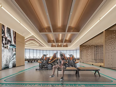Modern Fitness Gym Interior With Workout Equipment Large Windows And Wooden Ceiling Lighting Strips 3d model