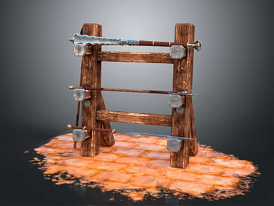 Weapons Displayed on Wooden Rack with Swords and Orange Lava Like Ground 3d model