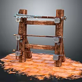 Weapons Displayed on Wooden Rack with Swords and Orange Lava Like Ground