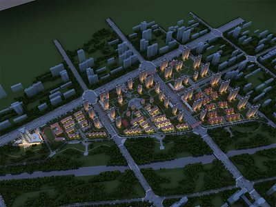 Aerial Planning With Residential And Commercial Buildings Road Network Green Spaces And Lighting Design 3d model