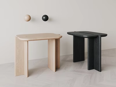 Modern Minimalist Light Wood And Black Stools In Contemporary Interior With Wall Decor Balls 3d model