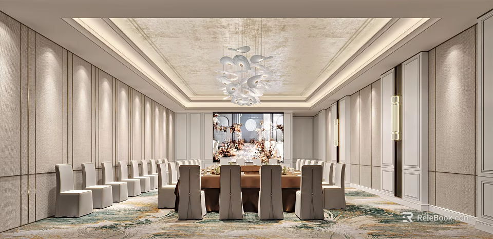 Elegant Conference Room with Long Wooden Table Modern Chandelier and Chairs 3d model 