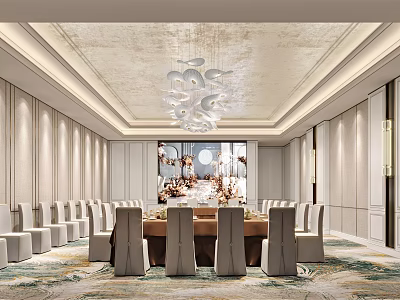 Elegant Conference Room with Long Wooden Table Modern Chandelier and Chairs 3d model