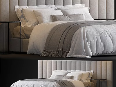Modern Double Bed With Upholstered Headboard Multiple Soft Pillows Striped Duvet And Wooden Nightstand 3d model