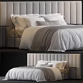 Modern Double Bed With Upholstered Headboard Multiple Soft Pillows Striped Duvet And Wooden Nightstand