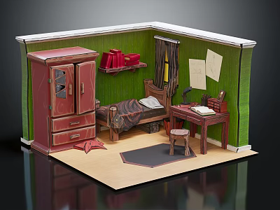 Cartoon Room Scene With Red Cabinet Bed Desk Bookshelf Green Walls And Rug 3d model