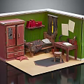 Cartoon Room Scene With Red Cabinet Bed Desk Bookshelf Green Walls And Rug