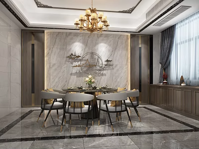 Elegant Restaurant Interior With Golden Chandelier Marble Wall Decorative Wall Art And Round Dining Table 3d model