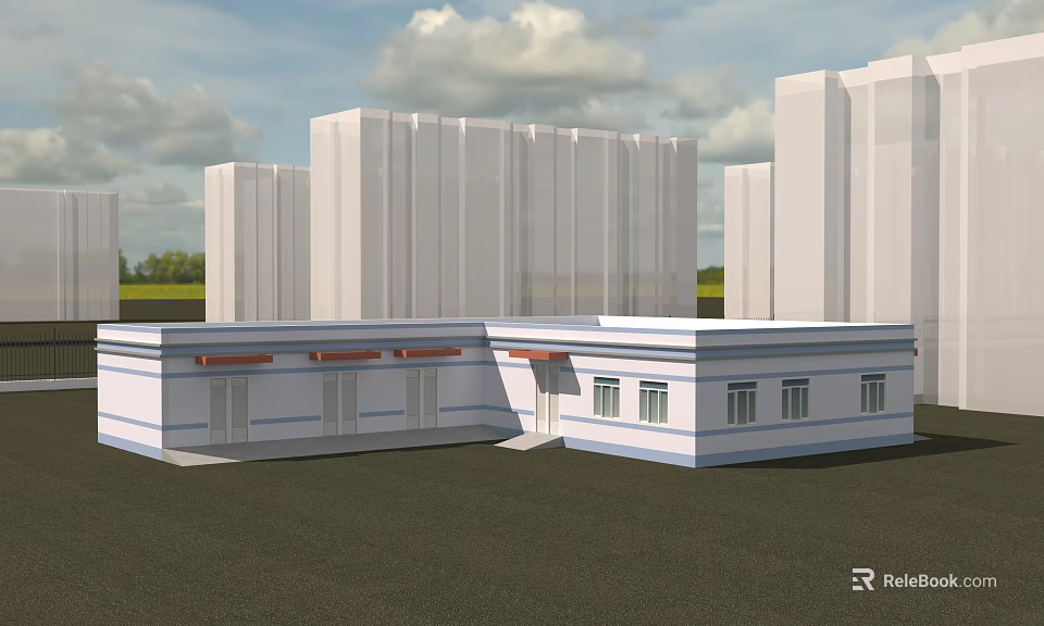 Cartoon Scene With White Buildings Green Grass And Blue Sky Clouds 3d model 