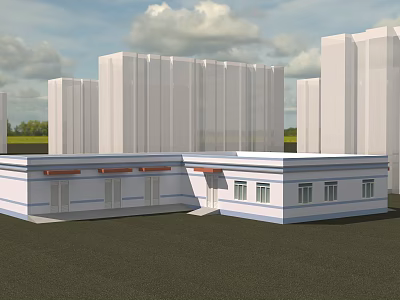 Cartoon Scene With White Buildings Green Grass And Blue Sky Clouds 3d model