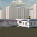 Cartoon Scene With White Buildings Green Grass And Blue Sky Clouds