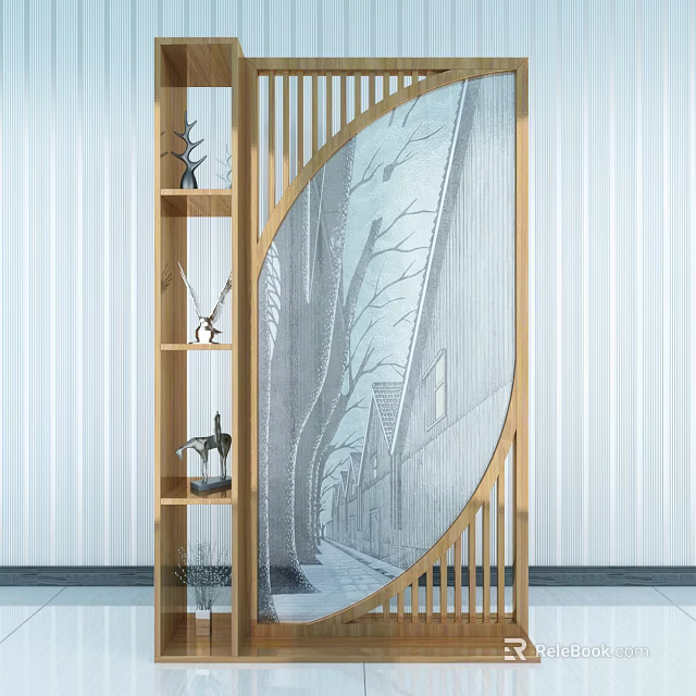 Screen Style Decorative Cabinet With Wooden Frame Openwork Design Shelves And Street Patterned Sheer Curtain 3d model 
