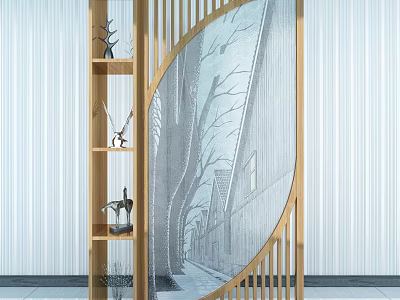 Screen Style Decorative Cabinet With Wooden Frame Openwork Design Shelves And Street Patterned Sheer Curtain 3d model